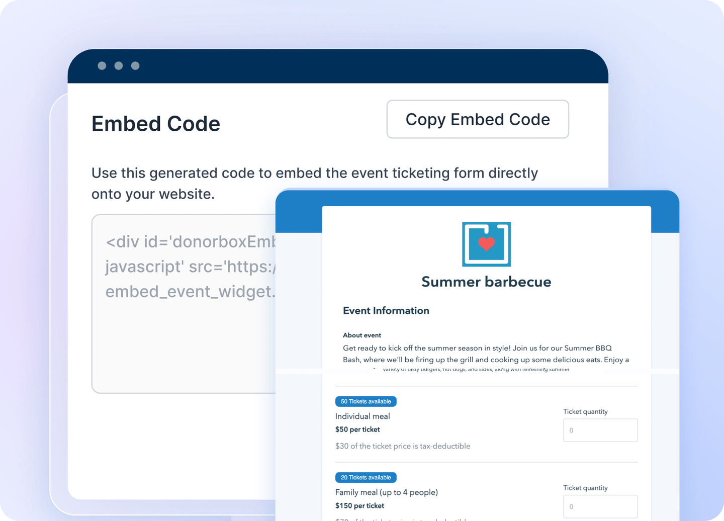 Customize your own Event page, or embed the form to your website Customize your own Event page, or embed the form to your website